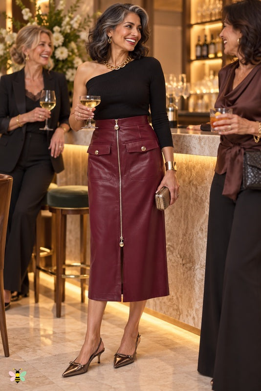 Marcelline Leather Sim Zip-Front Midi Skirt