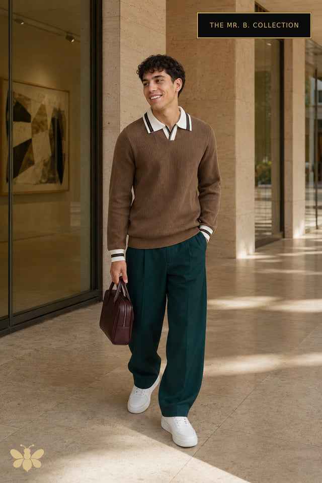 The Mr. B. Collection- Contrast Trim Ribbed Mid-Weight Sweater