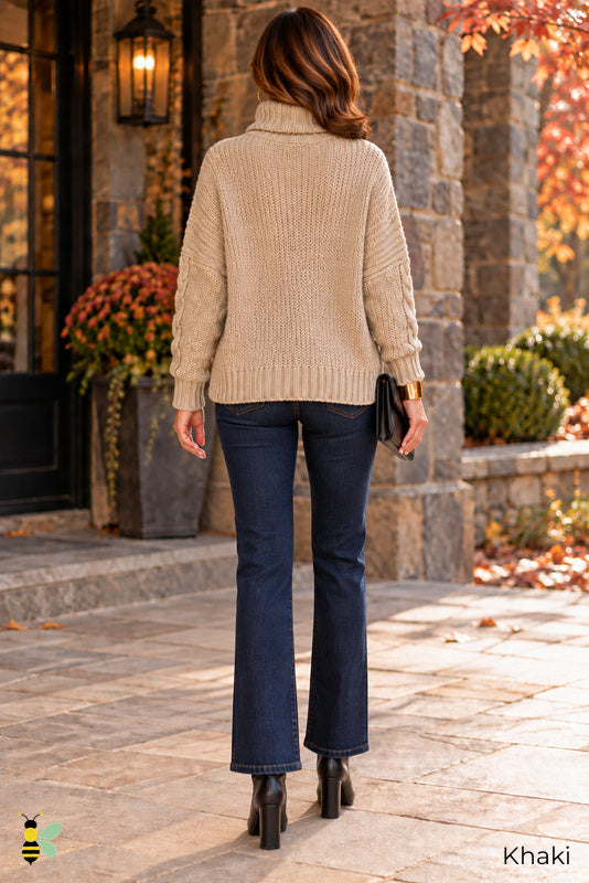 Afterglow Cable-Knit Turtleneck Sweater | Khaki | back
