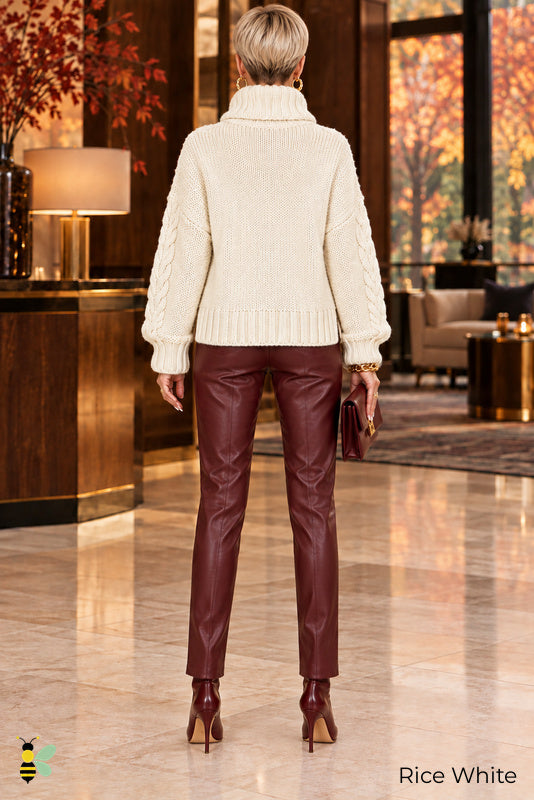 Afterglow Cable-Knit Turtleneck Sweater | Rice White | back