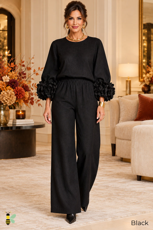 Petal Hour Wide-Leg Set | Black | front