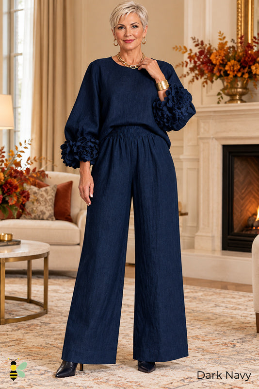 Petal Hour Wide-Leg Set | Dark Navy | front
