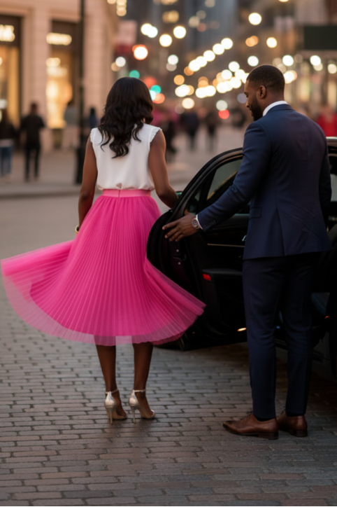 High waisted mesh midi skirt with a pleated design