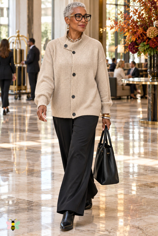 The Aveline Asymmetric Mock-Neck Cardigan