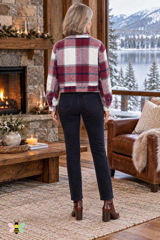 Weekend Check Cropped Jacket | Burgundy | back