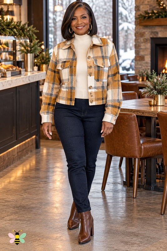 Weekend Check Cropped Jacket | Khaki | front