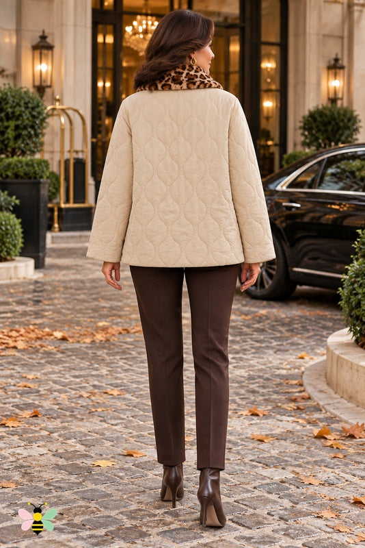 Wildwood Luxe Leopard-Trim Quilted Jacket | Khaki | back