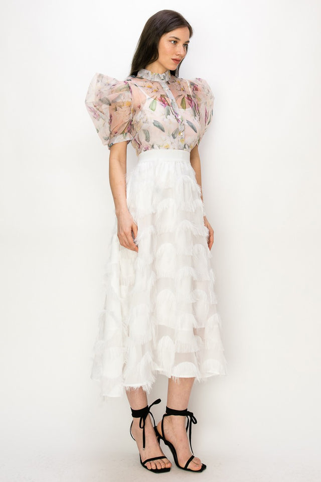Dots Fringe Elastic Waist A-Line Long Skirt