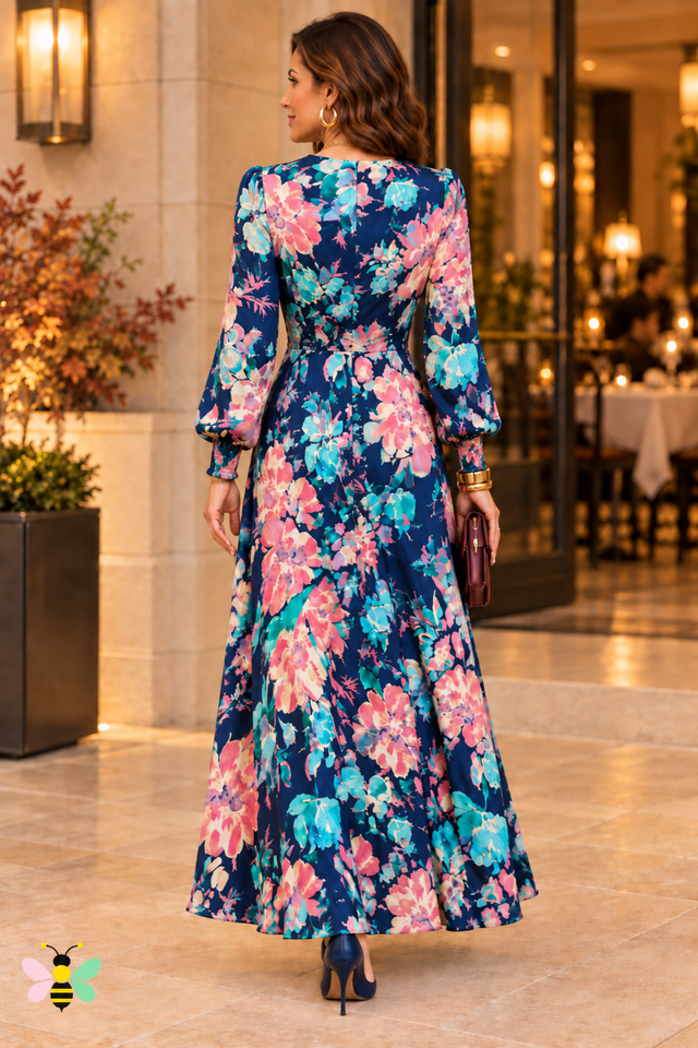 Midnight Fleur Knot-Front Maxi Dress – back view, AI-estimated rear construction; official bee watermark