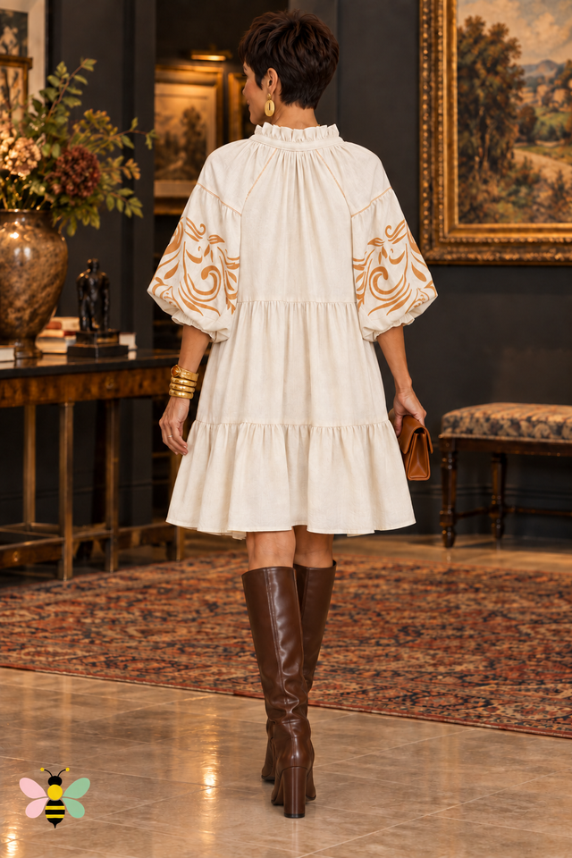 Aurelia Embroidered Sleeve Dress – back view, official B. Store bee watermark