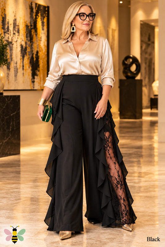 Noir Ruffle Wide-Leg Pants — Black — Front