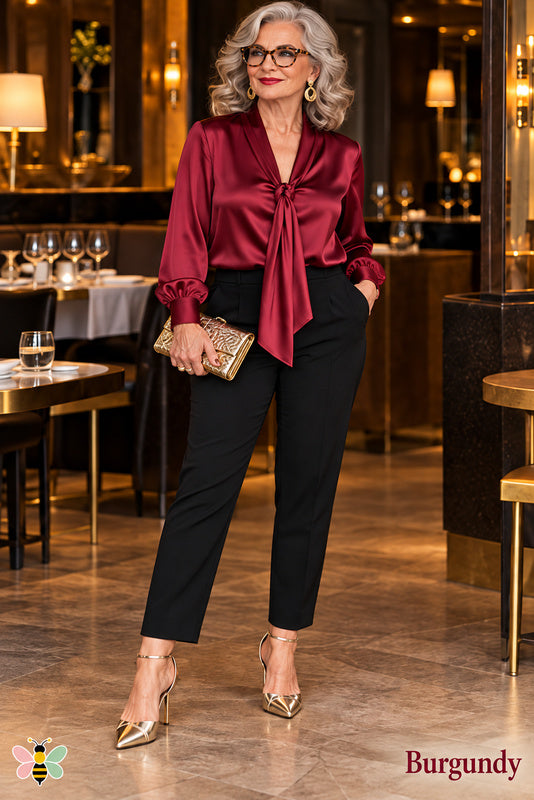 Élan Satin Tie Blouse — Burgundy — Front