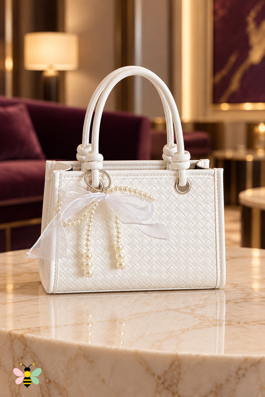 Arabella Pearl Bow Mini Bag — White — front view