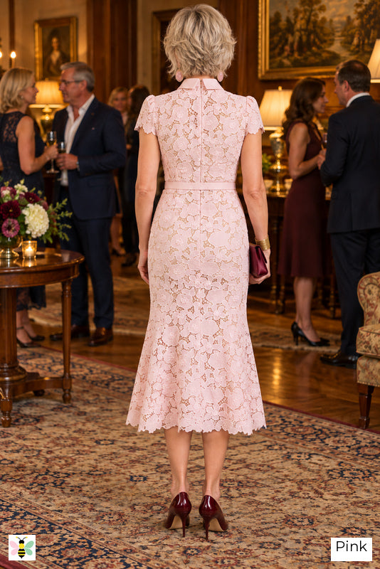The Floral Nocturne Collared Lace Dress | Pink | back