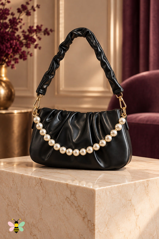 Genevieve Pearl Ruched Bag — Black — front view