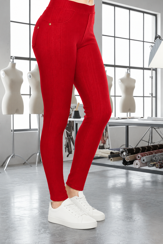 Magic Pant Red detail in the signature atelier setting, with white sneakers.