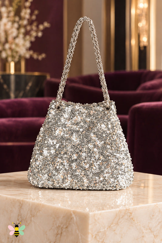 Nightfall Sequin Bucket Bag — Silver — front view