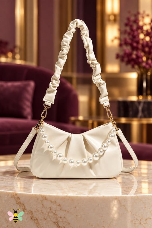 Opaline Pearl Ruched Bag — White — front view