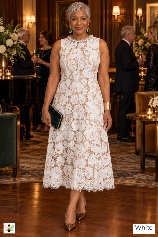 The Pearl Poise Lace Midi Dress | White | front