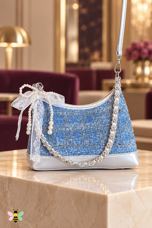 Riviera Pearl Tweed Bag — Sky Blue — front view