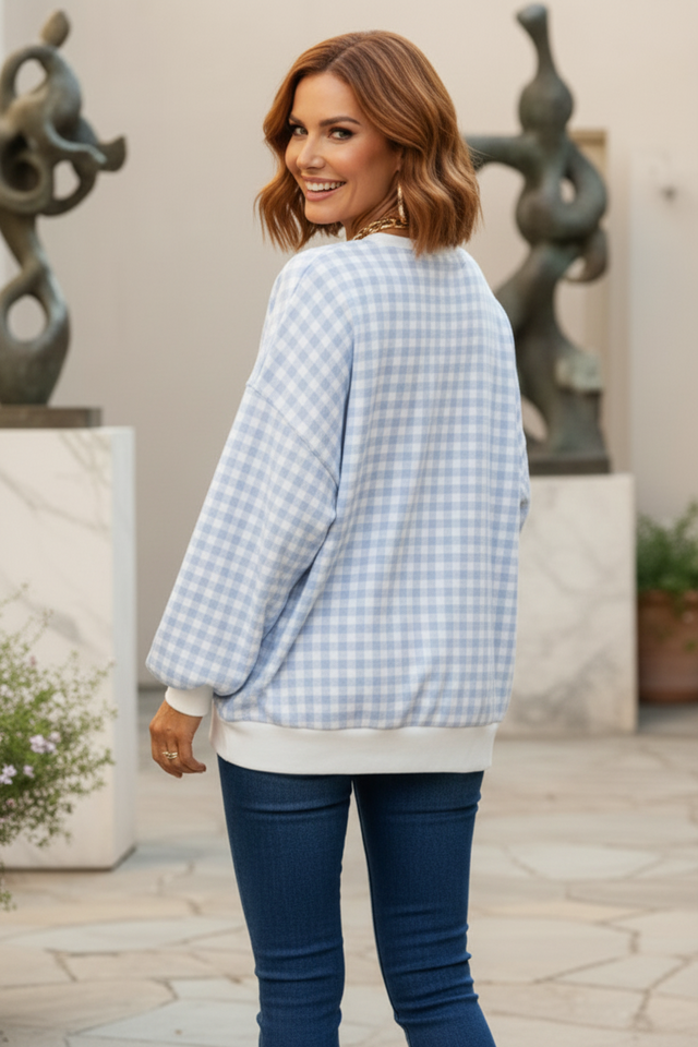Check Balloon Sleeve Sweatshirt