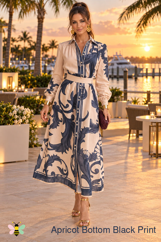 Coastal Scroll Belted Shirt Dress | Apricot Bottom Black Print | front