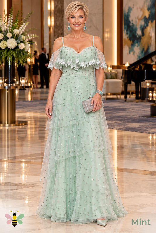Mint Reverie Lace-Drape Gown | Mint | front