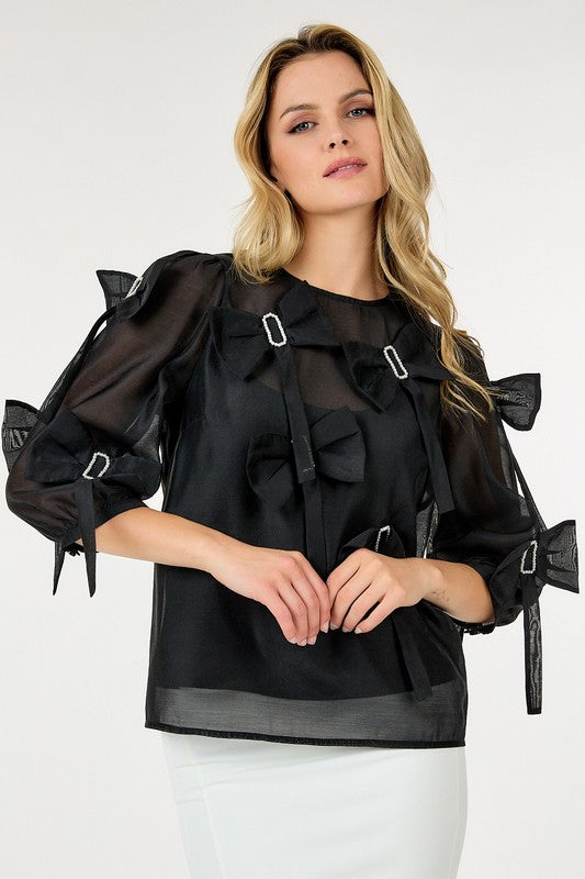 3/4 Sleeve Top With Bows and Lining