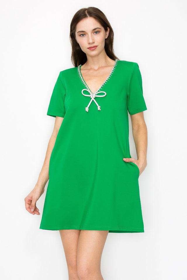 Crystal Bow And Trim V-Neck Short Sleeve Mini Dress