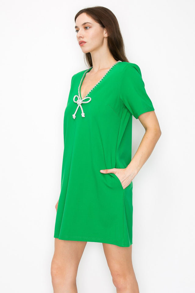 Crystal Bow And Trim V-Neck Short Sleeve Mini Dress