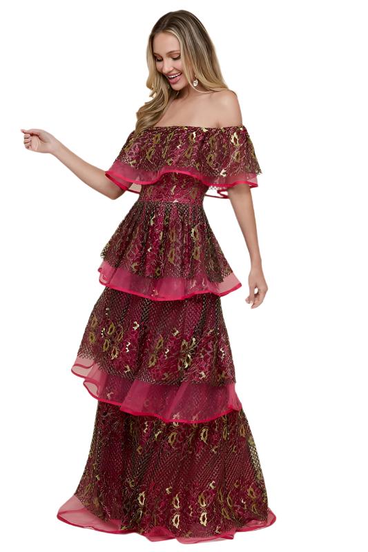 Metallic Off Shoulder Tiered Dress