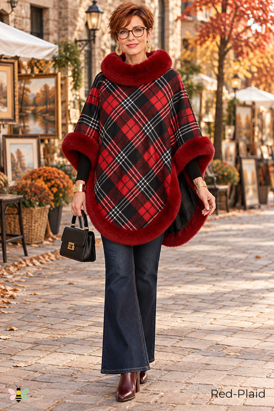 Highland Afterglow Faux Fur Plaid Cape | Red-Plaid | front