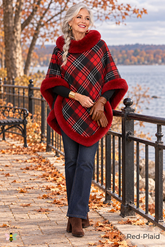Highland Afterglow Faux Fur Plaid Cape | Red-Plaid | front