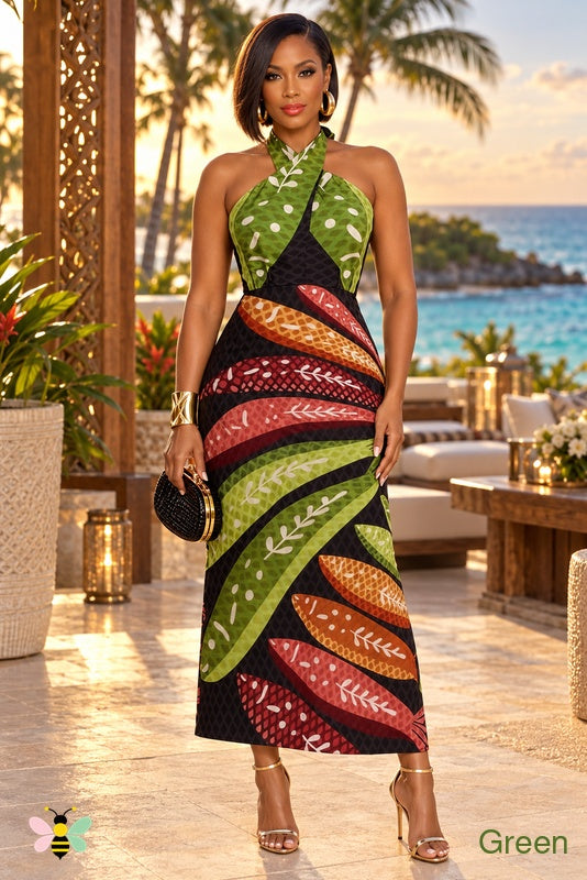Island Afterglow Halter Midi Dress | Green | front