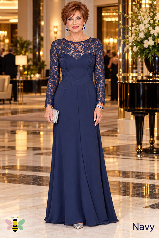 Midnight Poise Lace-Sleeve Gown | Navy | front
