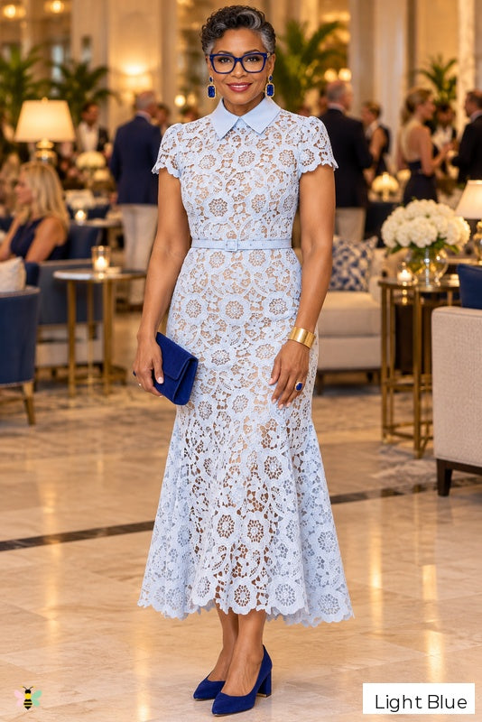 The Lace Society Belted Midi Dress | Light Blue | front