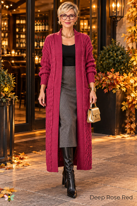 Long Game Cable Knit Cardigan | Deep Rose Red | front