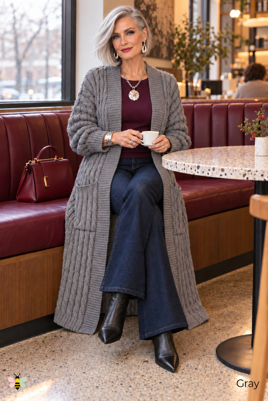 Long Game Cable Knit Cardigan | Gray | front