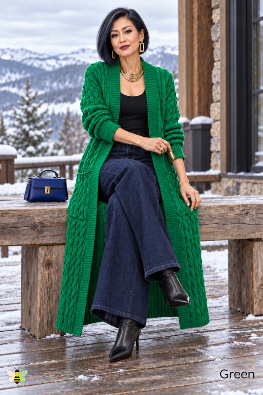 Long Game Cable Knit Cardigan | Green | front