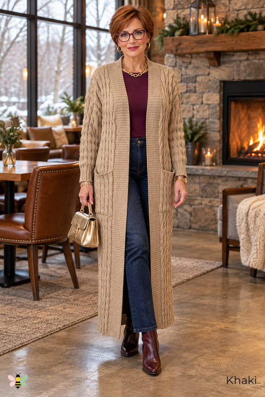 Long Game Cable Knit Cardigan | Khaki | front