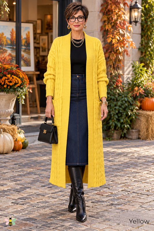 Long Game Cable Knit Cardigan | Yellow | front