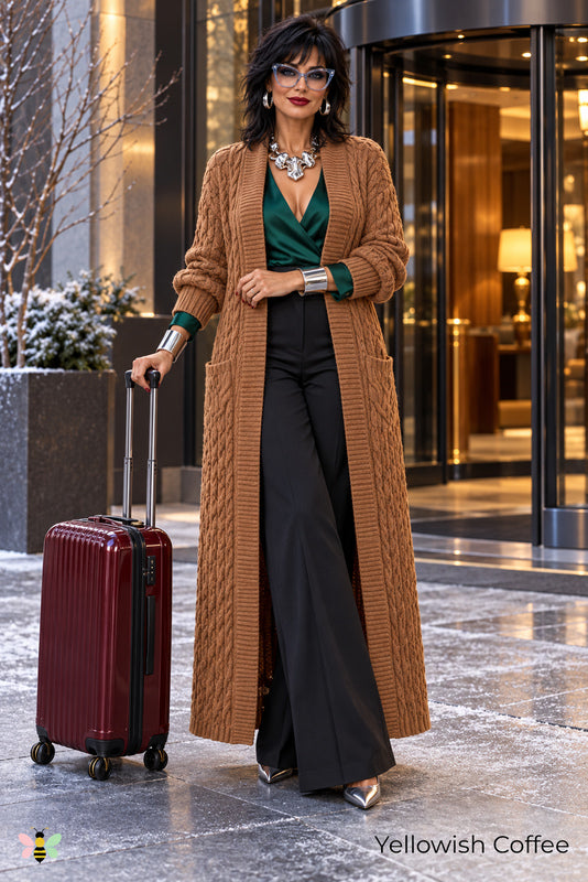 Long Game Cable Knit Cardigan | Yellowish Coffee | front