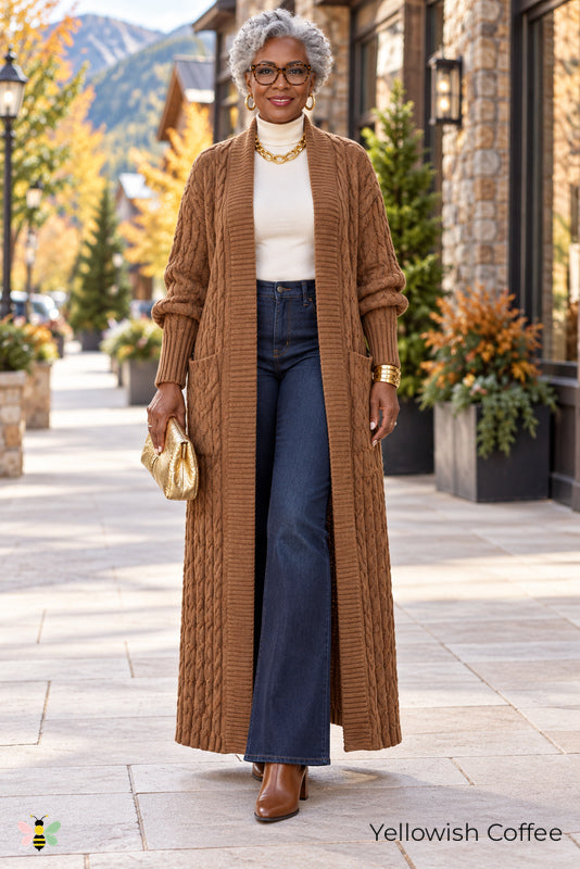 Long Game Cable Knit Cardigan | Yellowish Coffee | front