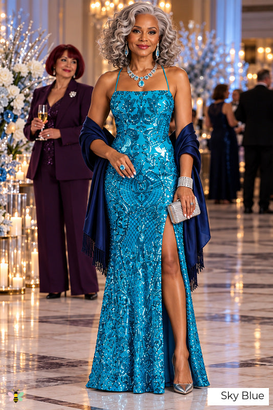 Sequin Lace-Up Back Evening Gown | Sky Blue | front