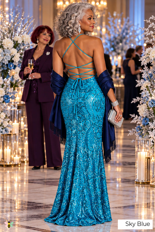 Sequin Lace-Up Back Evening Gown | Sky Blue | back