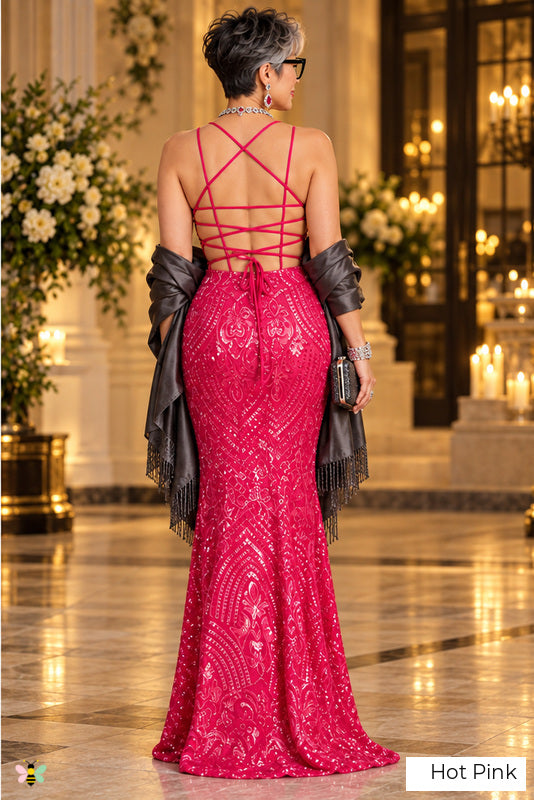 Sequin Lace-Up Back Evening Gown | Hot Pink | back