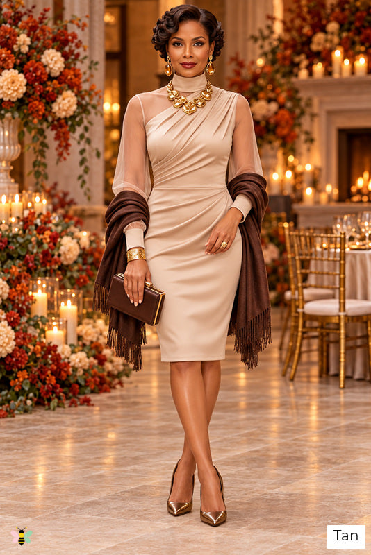 The Evening Allure Sheer-Sleeve Dress | Tan | front