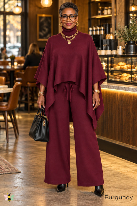 Off Duty Atelier Poncho Knit Set | Burgundy | front