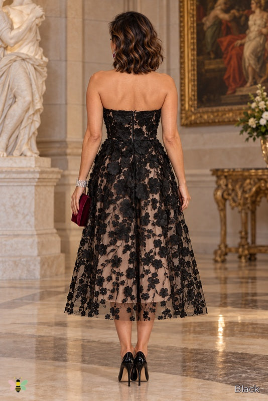 The Petal Nocturne Appliqué Midi Dress | Black | back