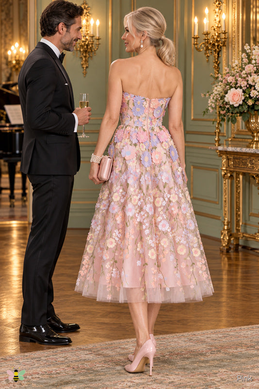 The Petal Nocturne Appliqué Midi Dress | Pink | back